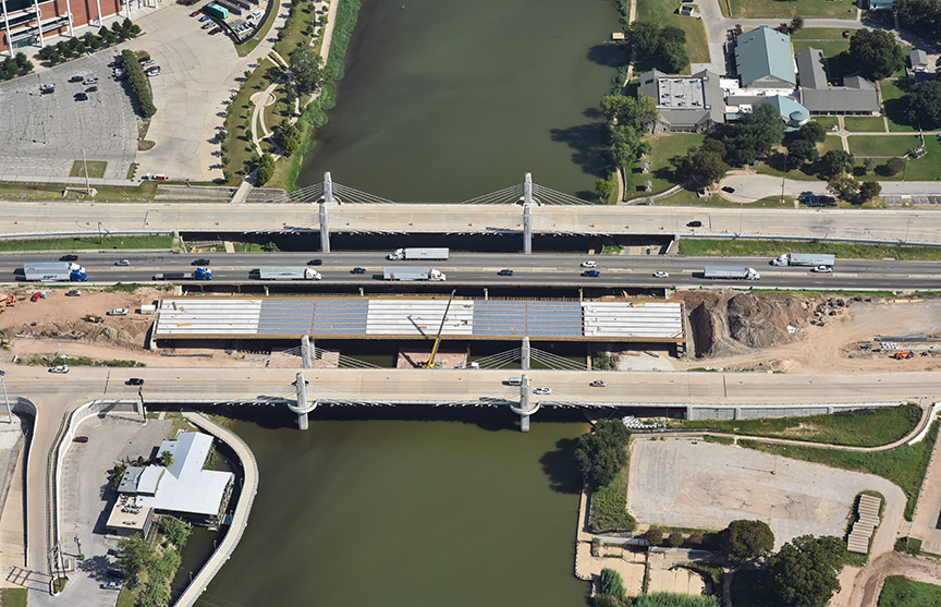 Aerial view of the I-35 Brazos River bridge under construction